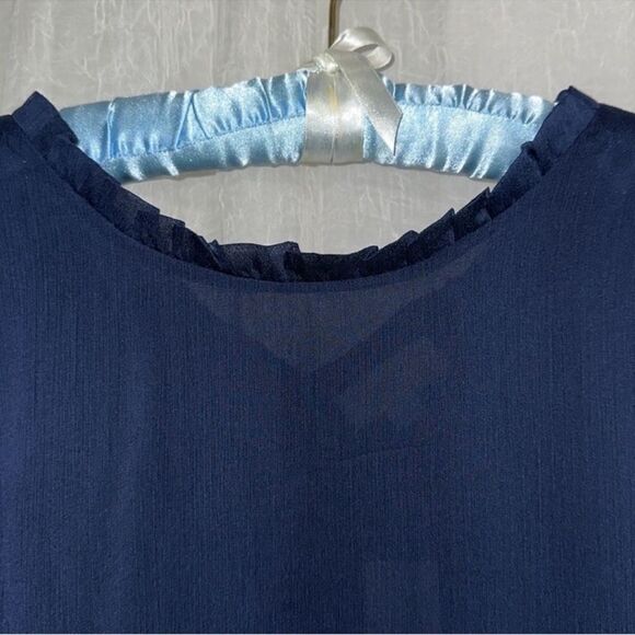 LOFT M Navy Chiffon Ruffle Neck Back V-Neck Sheer Sleeve Peplum Blouse - Picture 6 of 14